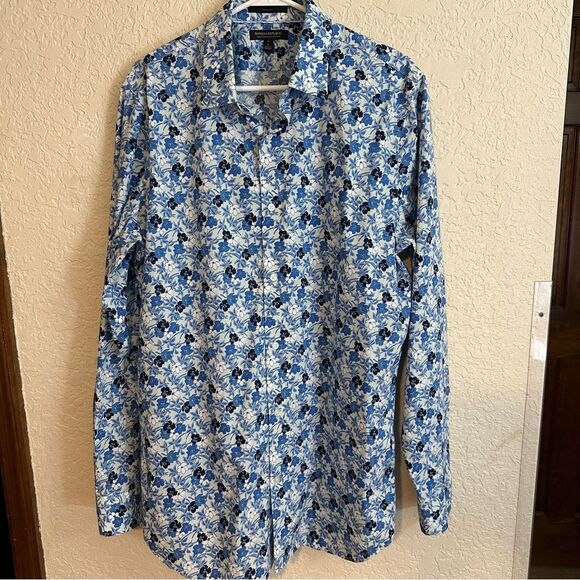 Banana Republic Slim Non-Iron  Blue Floral Cotton Men's Long Sleeve Shirt Large‎ - Picture 6 of 10